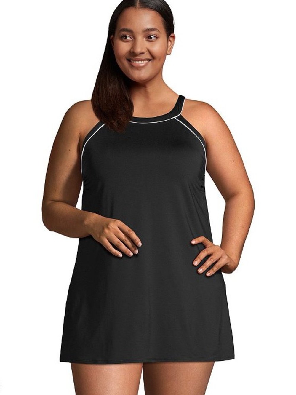 Lands' End One Piece Swim Dress High Neck Black White UPF 50 Size 14